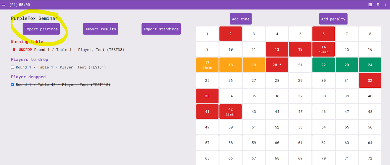 PurpleFox floor view — table statuses and round overview