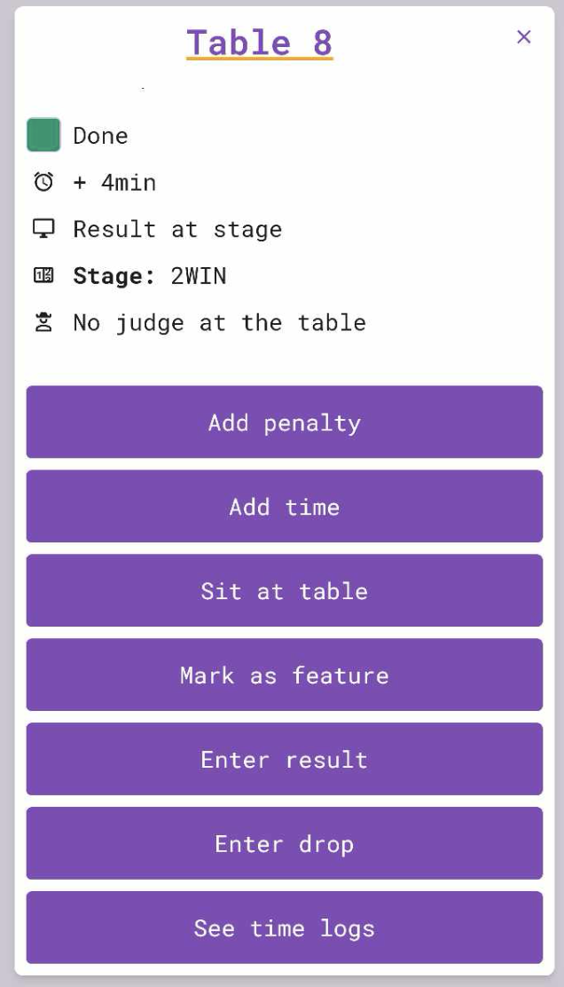 PurpleFox table detail — extensions, judge assignments, and player info